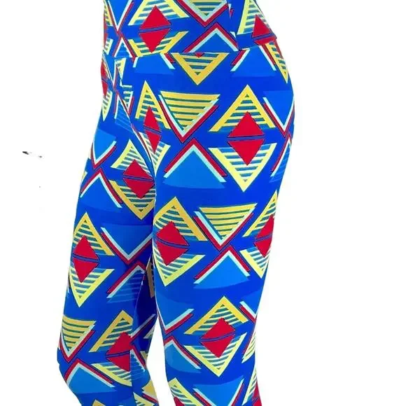 LuLaRoe Super Soft Leggings sz OS 2-10 Geometric Blues Red Yellow Stretchy Comfy - Picture 2 of 14
